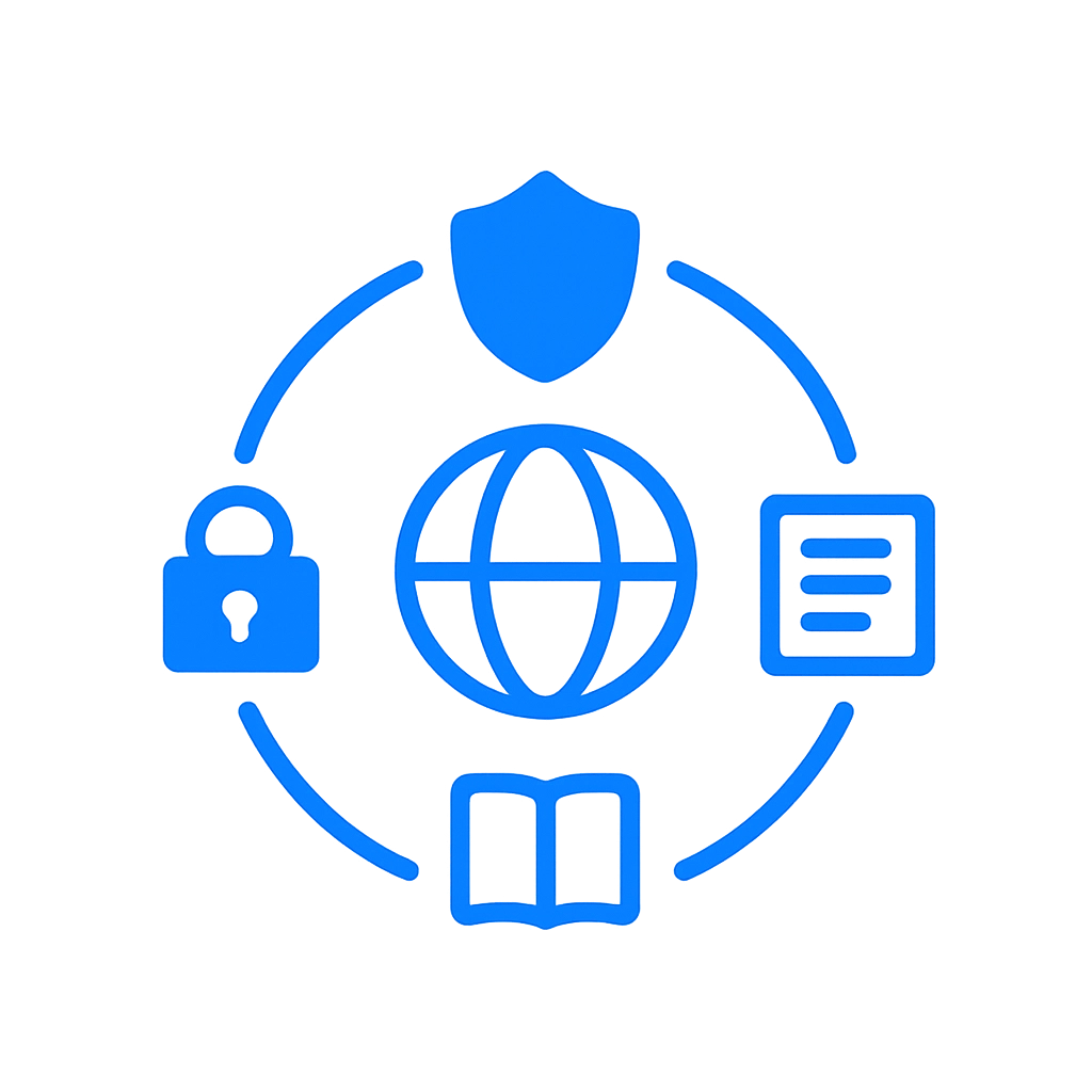 Blue cybersecurity icons in a circular layout surrounding a central globe icon, including a shield, padlock, document, and book on a transparent background.