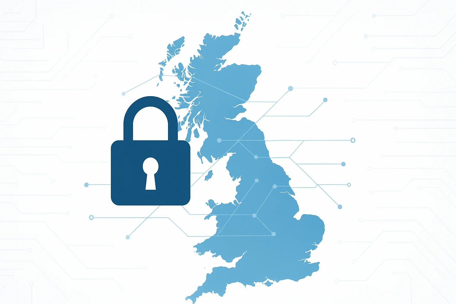 Vector illustration of the United Kingdom map with a prominent blue padlock and interconnected network lines, symbolising cybersecurity protection against cyber attacks.