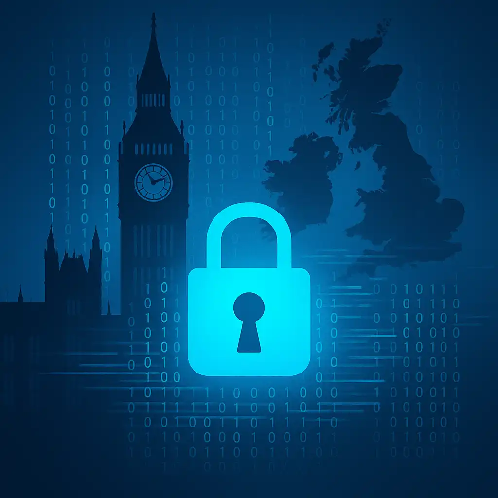 Illustration of the UK Parliament’s silhouette behind a glowing digital padlock and streams of binary code, with a faint map of the UK in the background, symbolising government action against ransomware.