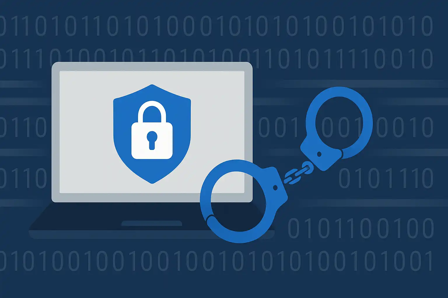 Flat-style illustration of a laptop displaying a shield and padlock icon, with a pair of blue handcuffs in front and a faint binary code background.